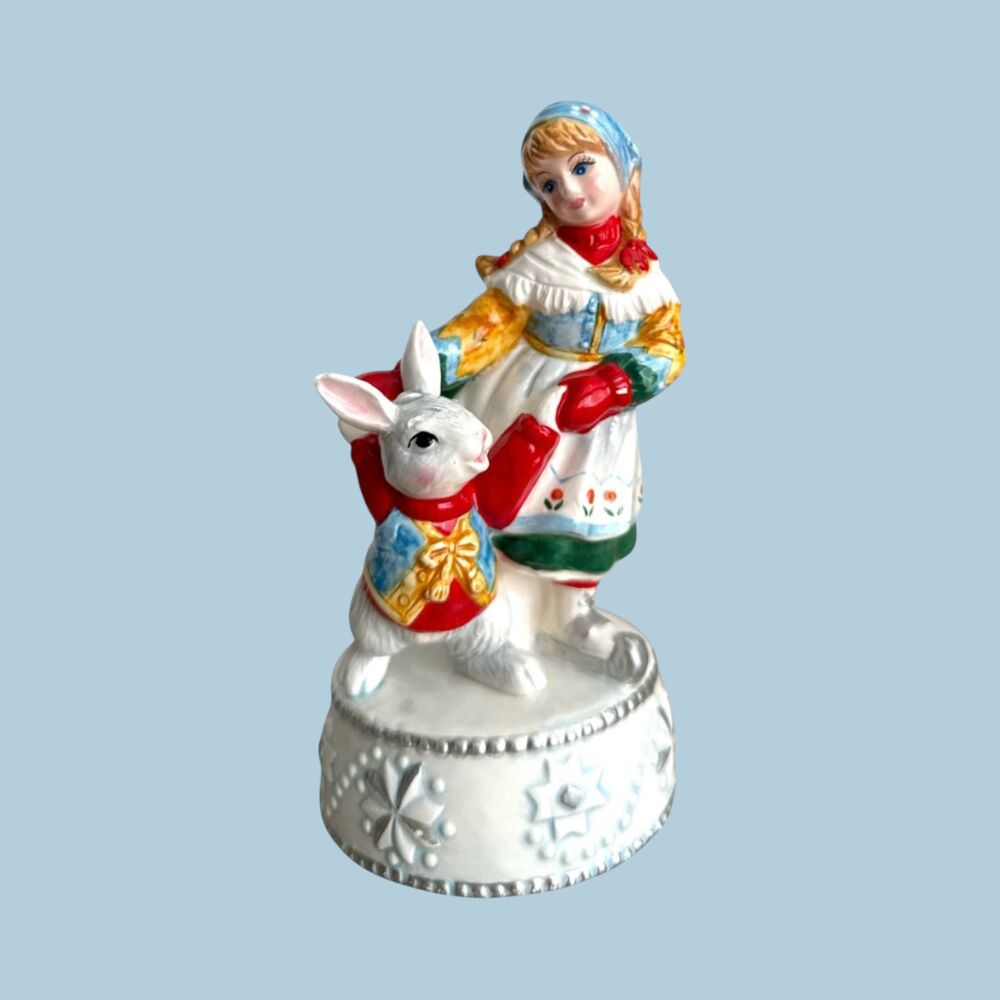 Schmid Music Box You’ve Got a Friend Girl & Rabbit Figurine Sri Lanka 7"